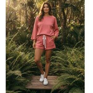 Lou & Grey Coral Lounge Set Long Sleeve Top & Shorts Soft Knit SM